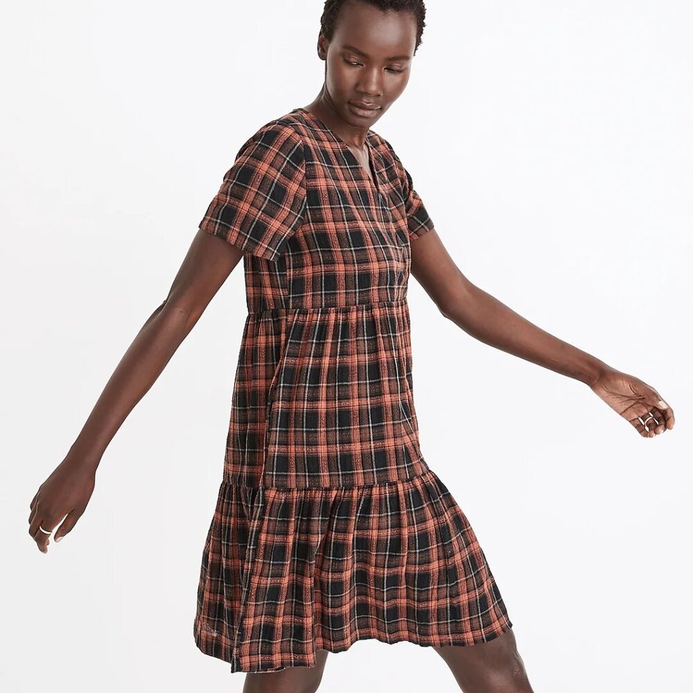 Madewell Plaid Faux-Wrap Short-Sleeve Tiered Mini Dress